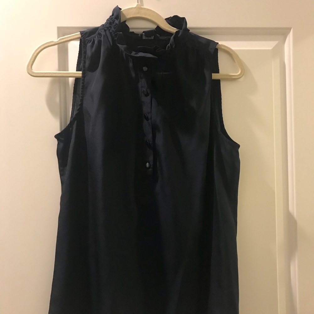 Navy silk ruffle sleeveless top